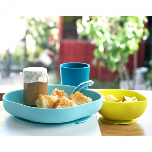 Набор посуды: тарелка, чашка, стакан, ложка Beaba 4+ синий/неон, арт. 913428