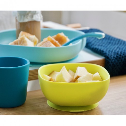 Набор посуды: тарелка, чашка, стакан, ложка Beaba 4+ синий/неон, арт. 913428