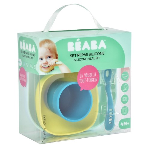 Набір: тарілка, миска, стакан, ложка Beaba 4+ синій/неон, арт. 913428