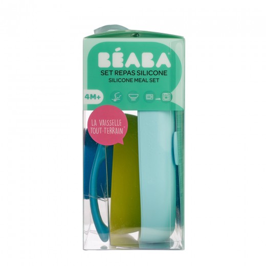 Набор посуды: тарелка, чашка, стакан, ложка Beaba 4+ синий/неон, арт. 913428