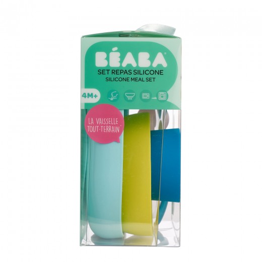 Набор посуды: тарелка, чашка, стакан, ложка Beaba 4+ синий/неон, арт. 913428