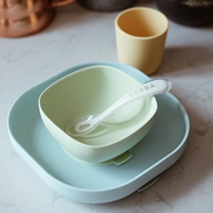 Набір: тарілка, миска, стакан, ложка Beaba 4+ жовтий/зелений, арт. 913436