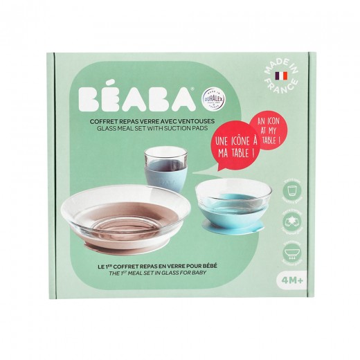 Набор посуды стеклянный: тарелка, миска, стакан Beaba голубой, арт. 913486