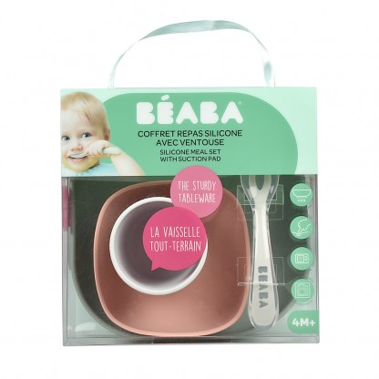 Набор: тарелка, миска, стакан, ложка Beaba 4+ розовый/эвкалипт, арт. 913507