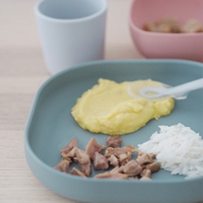 Набор: тарелка, миска, стакан, ложка Beaba 4+ розовый/эвкалипт, арт. 913507