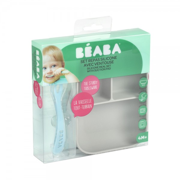 Набор Beaba силиконовая порционная тарелка + серая ложка, арт. 913508