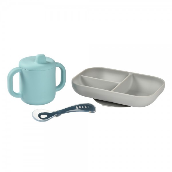 Набір: тарілка, поїльник, ложка Beaba 8+ блакитний/сірий, арт. 913526 Набір: тарілка, поїльник, ложка Beaba 8+ блакитний/сірий, арт. 913526