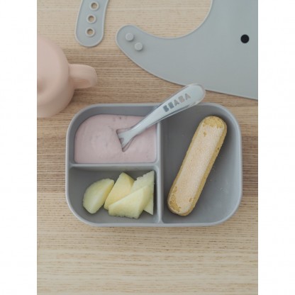 Набір: тарілка, поїльник, ложка Beaba 8+ рожевий/сірий, арт. 913527