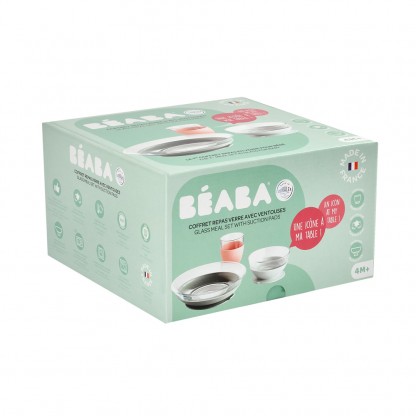 Набір: тарілка, миска, стакан Beaba склянний 4+ рожевий, арт. 913487