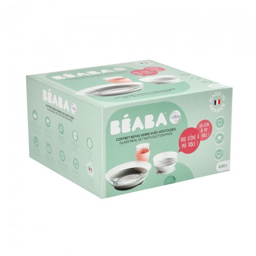 Набір: тарілка, миска, стакан Beaba склянний 4+ рожевий, арт. 913487